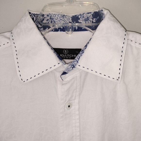 Bugatchi Pale Pink 100% Cotton Brocade pattern Top Stitched Button Down Sz. L - Picture 4 of 12